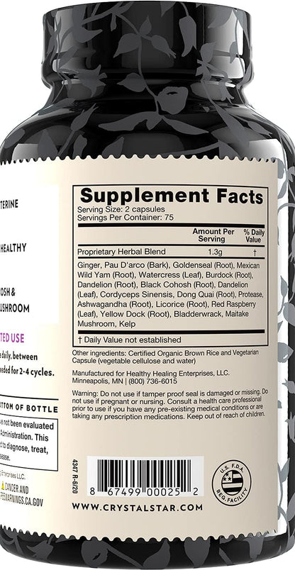Crystal Star Fibro Defense, 150 Capsules - Breast & Uterine Health Between Periods - Natural Herbal Supplement Caps for Women - Vegetarian, Non GMO