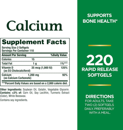 Nature's Bounty Calcium 1200 mg With Vitamin D3, Bone Health & Immune Support, 1000 IU, 220 Softgels