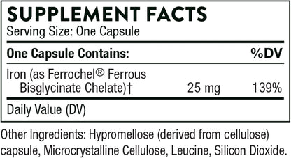 THORNE Iron Bisglycinate - 25 mg - Optimal Absorption - Support Red Blood Cell Formation - Fight Fatigue and Other Symptoms of Iron Deficiency - NSF Certified for Sport - Gluten-Free - 60 Capsules