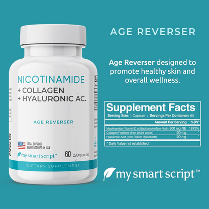 Anti Aging Supplement | Nicotinamide B3, Collagen Peptides & Hyaluronic Acid | Helps Skin Nourishment, Elasticity and Hydration | Flush Free and Cell Repair | One capsule a day - 60 Capsules.