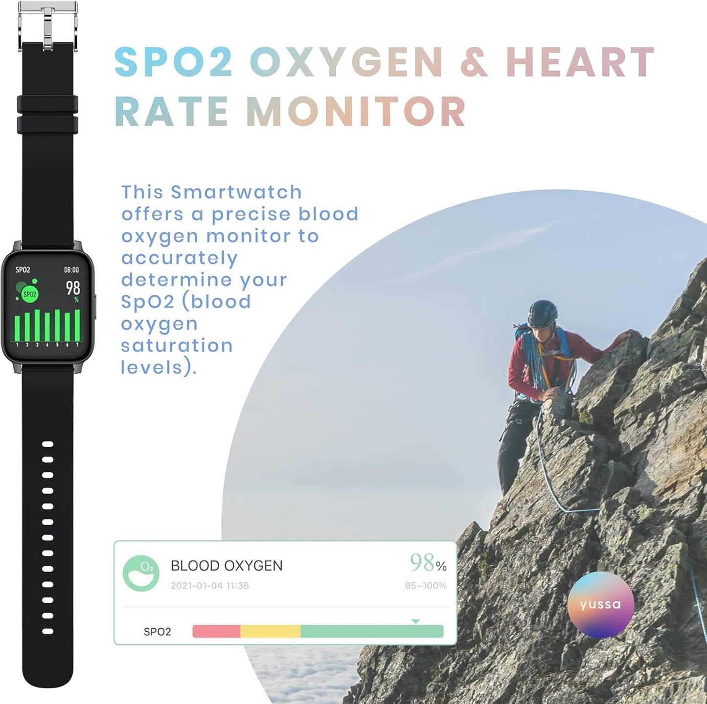 YUSSA Smart Watch | Latest Generation 2022 | Blood Pressure Monitor | Blood Oxygen SpO2 | Heart Rate | Sleep Monitor | IP67 Waterproof | Fitness Tracker