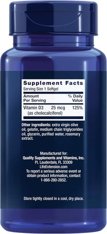 Life Extension Vitamin D3 25 mcg (1000 IU), Immune System Support, Bone Health, Whole-Body Health, Value Size, Gluten-Free, Non-GMO, 250 softgels Life Extension