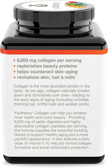 Youtheory Collagen with Vitamin C, Advanced Hydrolyzed Formula for Optimal Absorption, Skin, Hair, Nails and Joint Support, 290 count