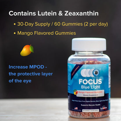 Focus Blue Light Supplement | Lutein and Zeaxanthin Supplement for Eye Health and Blue Light Protection | 60 Count Mango Flavored Gummy, 30 Day Supply | Reduces Eye Strain from Digital Devices