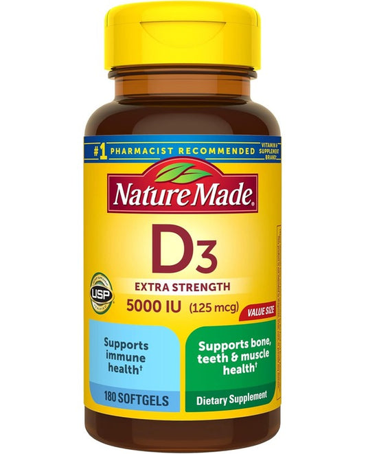 Nature Made Extra Strength Vitamin D3 5000 IU (125 mcg) Softgels, Dietary Supplement for Bone and Immune Health Support, 100 Count