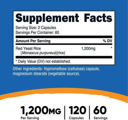 Red Yeast Rice 1200mg, 120 Capsules - 60 Serv, Veggie Caps, Non-GMO, Gluten Free