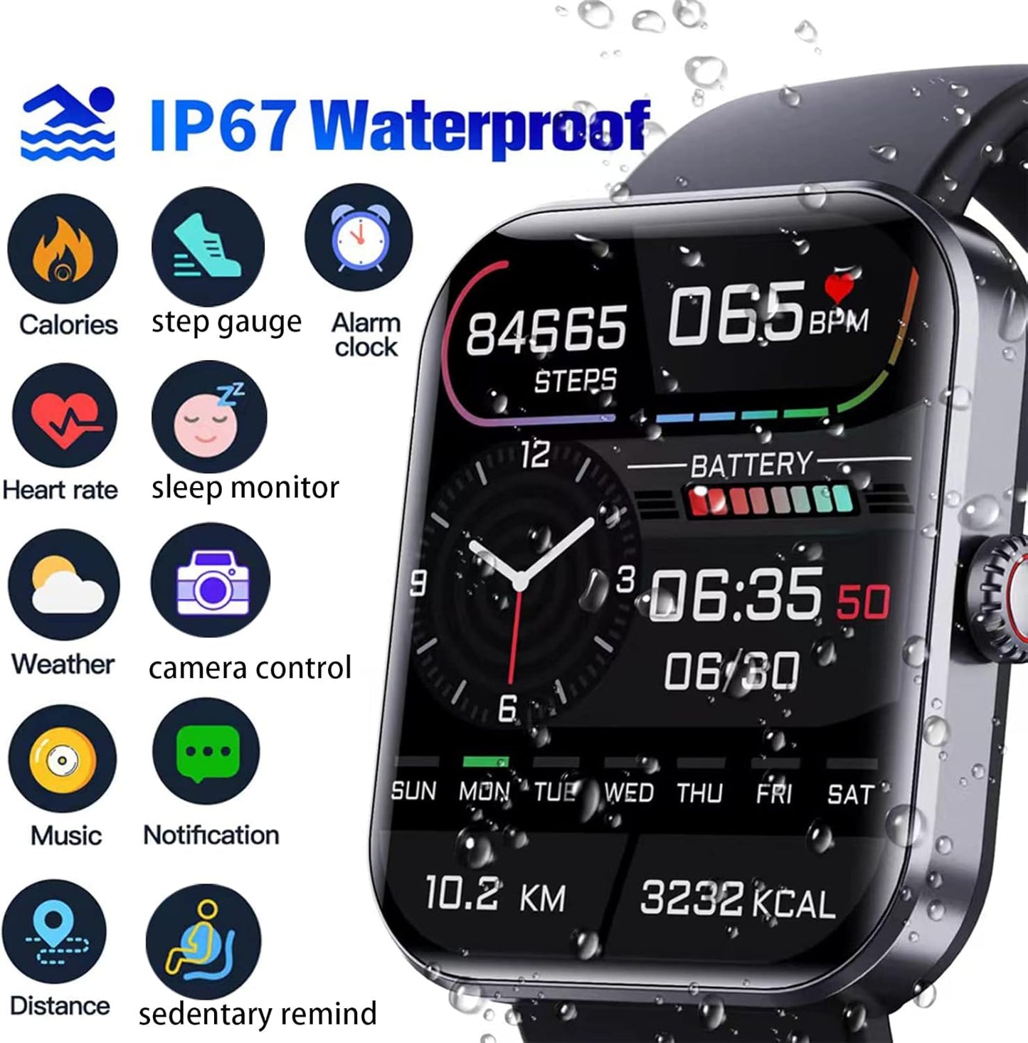 Diabetic Watches, Bluetooth Fashion Smartwatch, F57L Blood Glucose Monitoring Smartwatch Non-invasive Blood Sugar Test Smart Watch, Painless Blood Glucose Testing Fashionable Sports Watch (black)