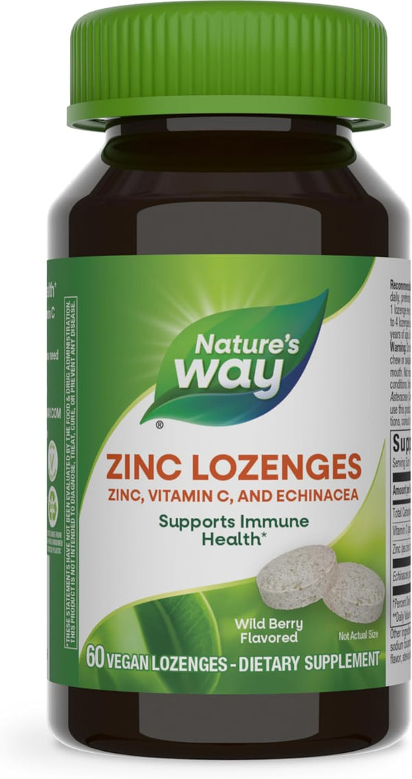 Nature's Way Zinc Lozenges with Vitamin C & Echinacea, Immune Support*, 23 mg of Zinc & 100 mg of Vitamin C per Serving, Wild Berry Flavored, 60 Lozenges (Packaging May Vary) Nature's Way