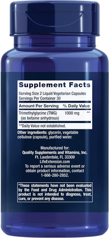 Life Extension TMG 500 mg – Trimethylglycine Supplement – Encourages Healthy Homocysteine Levels – Gluten-free – Non-gmo – Vegetarian – 60 Liquid Vegetarian Capsules Life Extension