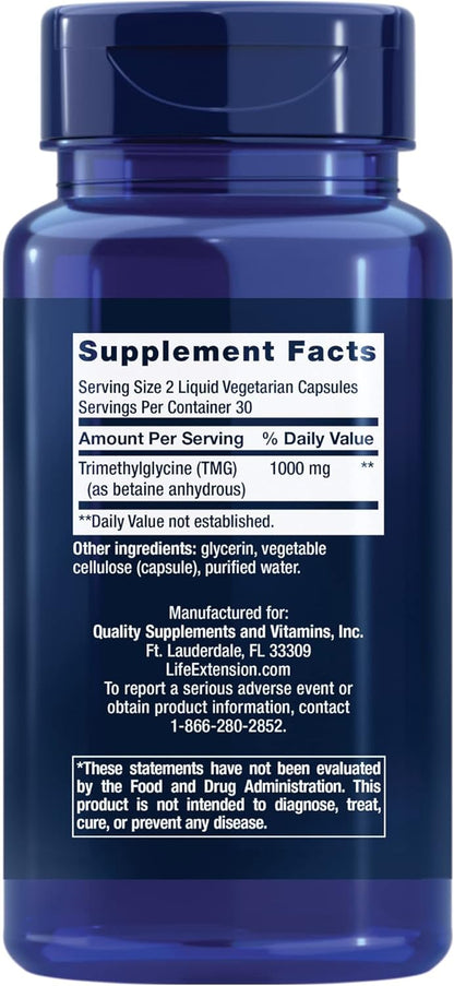 Life Extension TMG 500 mg – Trimethylglycine Supplement – Encourages Healthy Homocysteine Levels – Gluten-free – Non-gmo – Vegetarian – 60 Liquid Vegetarian Capsules
