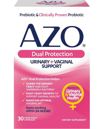 AZO Dual Protection, Urinary + Vaginal Support, Prebiotics and Probiotics for Women*, Starts Working Within 24 Hours, Non-GMO, 30 Count