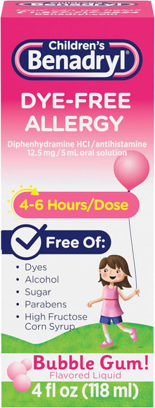 Children's Benadryl Dye-Free Allergy Liquid, Bubble Gum Flavor, 4 fl oz Benadryl