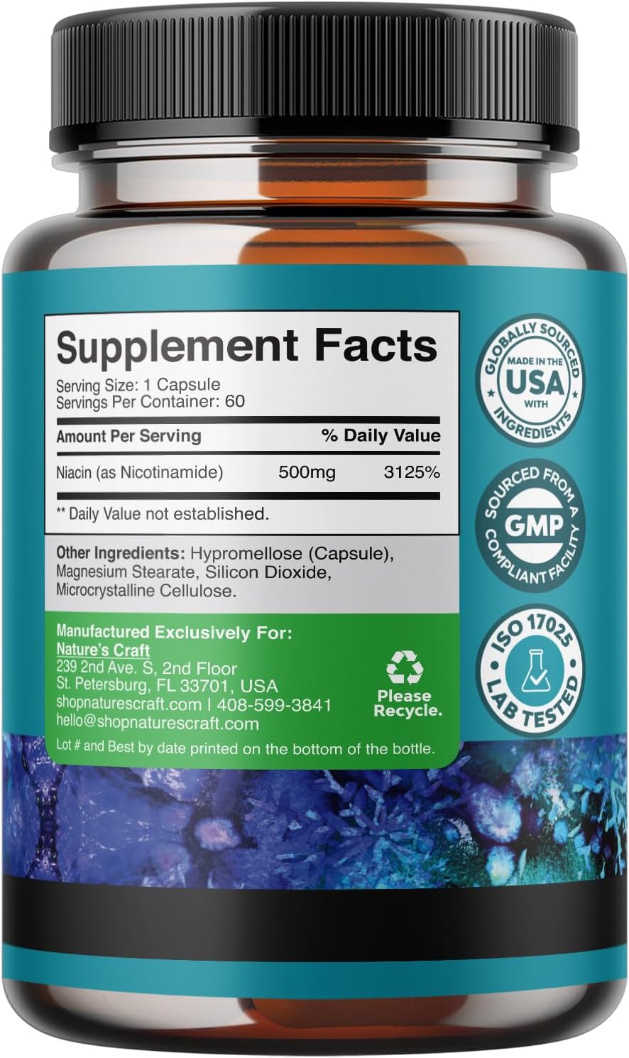 Nature's Craft Vitamin B3 Niacinamide 500mg Capsules - Mitochondrial Energy and Potent Skin Supplement - 60 Count