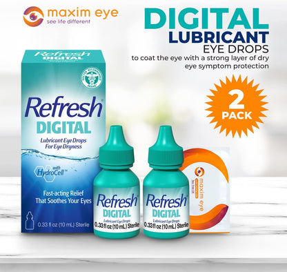 Digital Eye Drops, 2 Bottles of 0.33 Fl Oz Sterile (Total 20 ml), Bundled with 1 Reusable Anti Fog Cloth for Eyeglasses