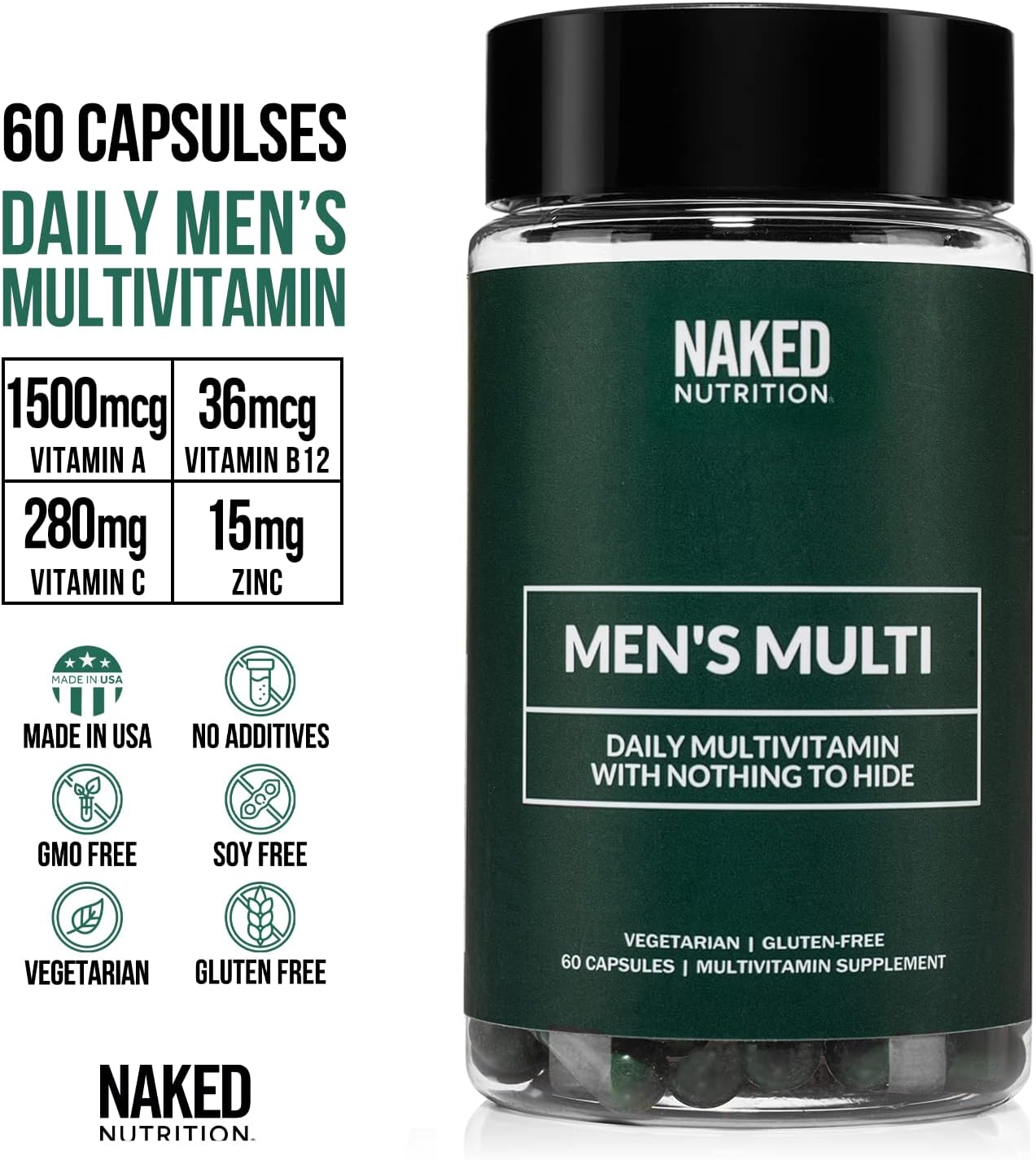 NAKED nutrition Multi – Daily Multivitamin for Men – A, C, E, Selenium, Zinc, Fruit and Super Green Extracts and More to Boost Immune Support – Gluten-Free and Vegetarian Daily Vitamins – 60 Capsules