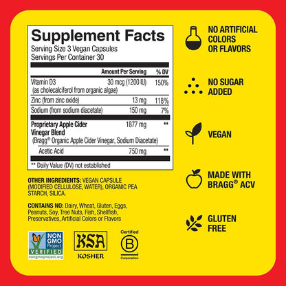 Bragg Apple Cider Vinegar Capsules - 750mg of Acetic Acid – Immune & Weight Management Support - 90 capsules