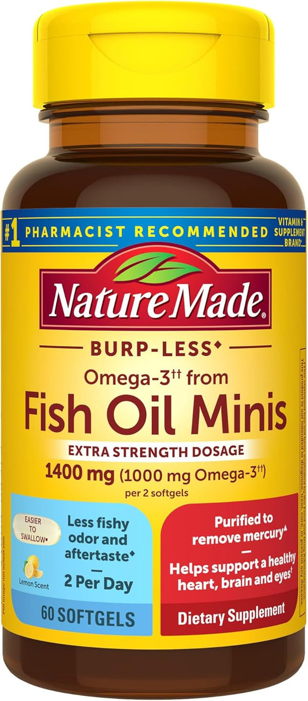 Nature Made Extra Strength Burp Less Omega 3 Fish Oil 1400 mg Minis, Fish Oil 60 Softgels Nature Made