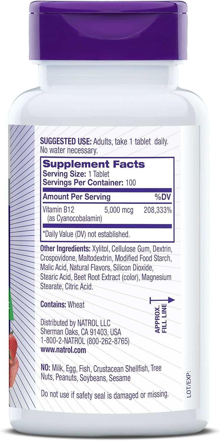 Natrol Vitamin B12 Fast Dissolve Tablets, Promotes Energy, Supports a Healthy Nervous System, Maximum Strength, Strawberry Flavor, 5,000mcg, 100 Ct