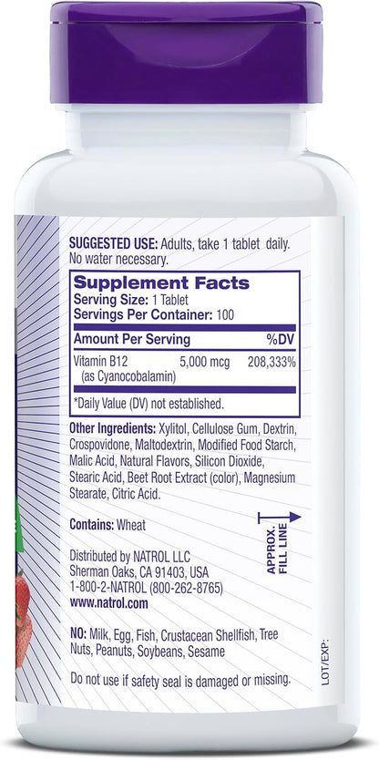 Natrol Vitamin B12 Fast Dissolve Tablets, Promotes Energy, Supports a Healthy Nervous System, Maximum Strength, Strawberry Flavor, 5,000mcg, 100 Ct