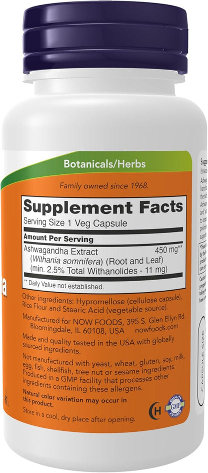 NOW Foods Supplements, Ashwagandha (Withania somnifera) 450 mg (Standardized Extract), 90 Veg Capsules