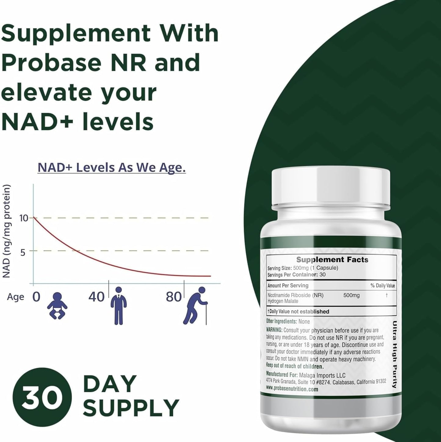 Probase Nicotinamide Riboside (NR) Capsules 30ct/500mg NAD+ Boosting Supplement