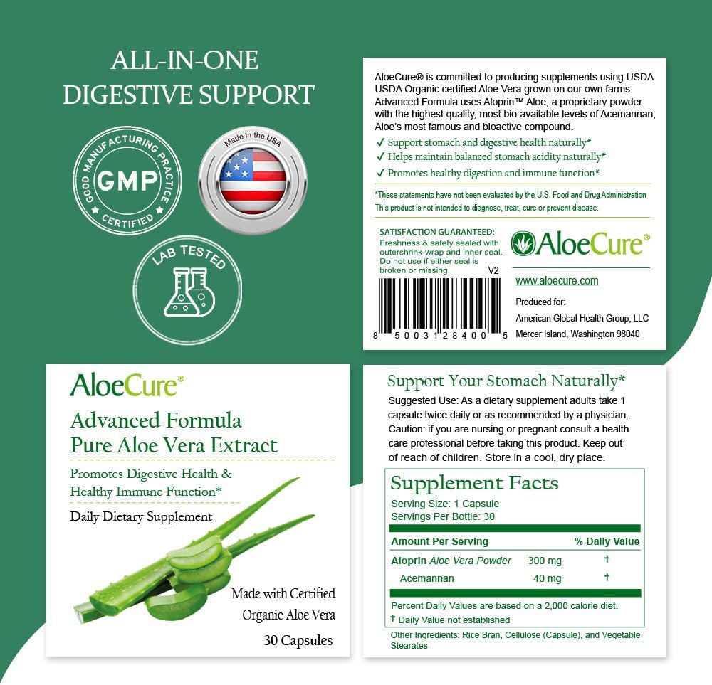AloeCure Organic Aloe Vera Capsules, 130,000mg Equivalent per Capsule, 60 Capsules - Natural Stomach Acid Buffer - Vegan Digestive & Immune Supplement - Grown on Our Own Organic Farms - Aloin Free