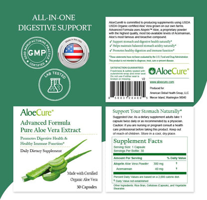 AloeCure Organic Aloe Vera Capsules, 130,000mg Equivalent per Capsule, 60 Capsules - Natural Stomach Acid Buffer - Vegan Digestive & Immune Supplement - Grown on Our Own Organic Farms - Aloin Free