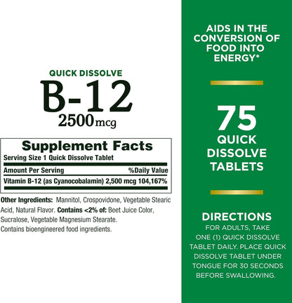 Nature’s Bounty Vitamin B12 2500 mcg, Cellular Energy Support, For Energy Metabolism, Heart & Nervous System Health, 75 Quick Dissolve Tablets