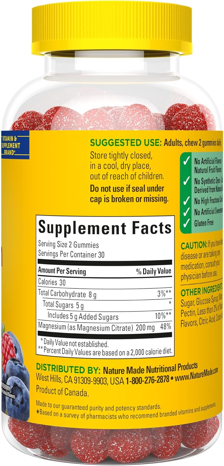 Nature Made High Absorption Magnesium Citrate 200 mg per serving, Dietary Supplement for Muscle, Nerve, Bone and Heart Support, 60 Gummies, 30 Day Supply