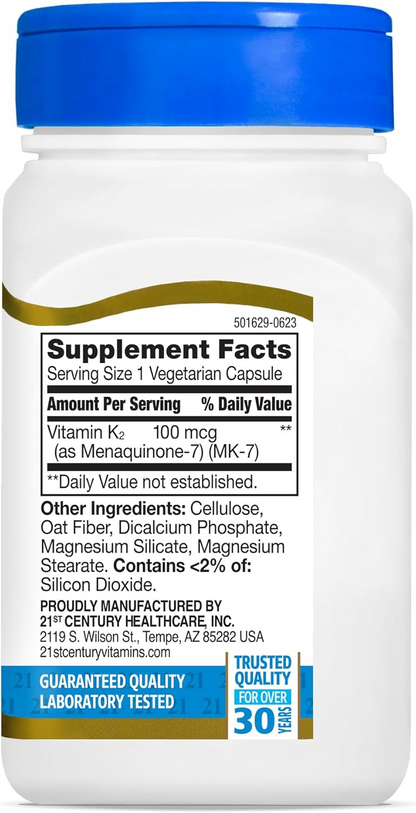 21st Century Healthcare Vitamin K2 (MK-7) 100 mg Vegetarian Capsules, 110 Count