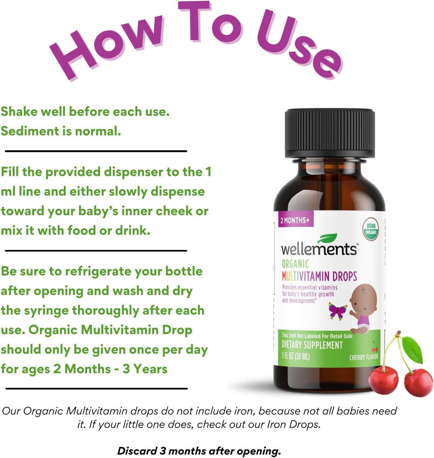 Wellements Organic Multivitamin Drops, 1 Fl Oz, Baby Liquid Vitamin Supplement for Infants & Toddlers, Provides Daily dose of Vitamins A,B,C,D & E.* No Artificial Colors or Unnecessary Preservatives