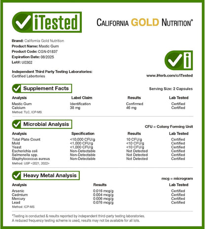 California Gold Nutrition, Mastic Gum with Calcium, 500 mg, 60 Veggie Capsules