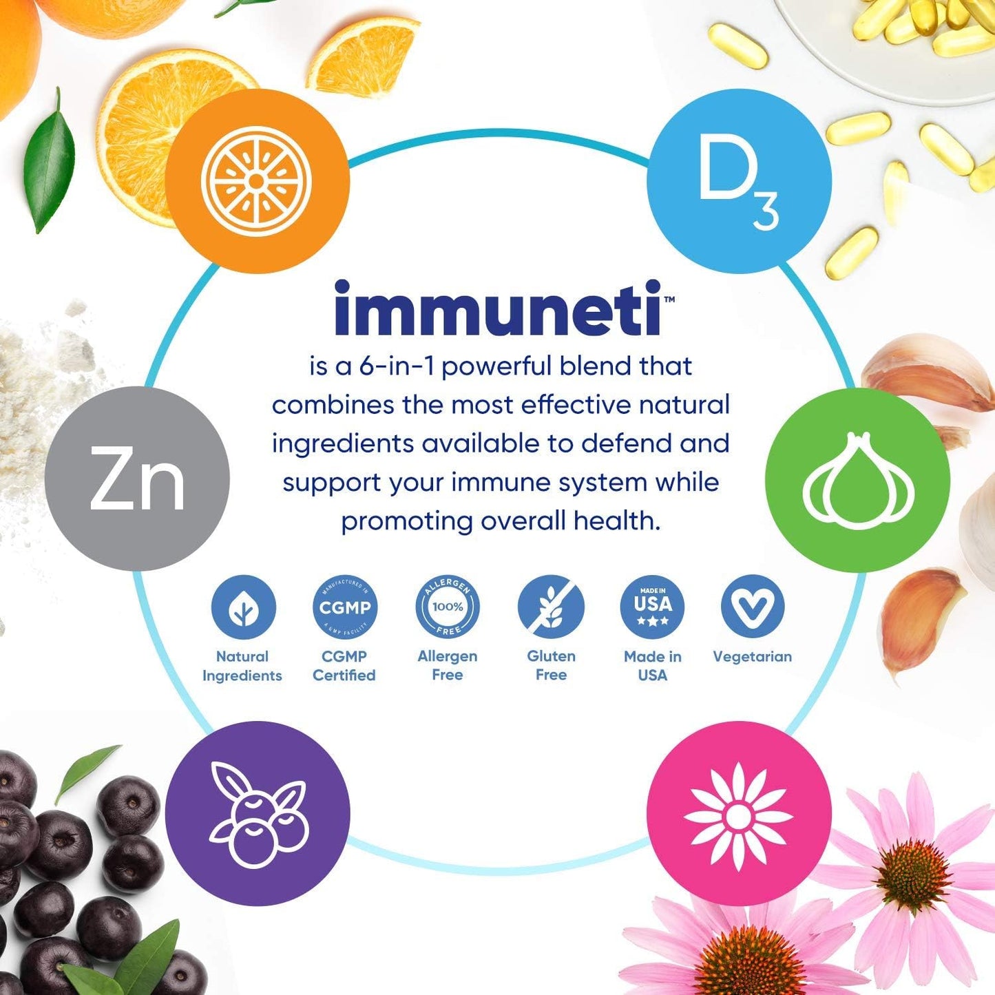 Immuneti - Advanced Immune Defense, 6-in-1 Powerful Blend of Vitamin C, Vitamin D3, Zinc, Elderberries, Garlic Bulb, Echinacea - Supports Overall Health, Provides Vital Nutrients & Antioxidants 60ct