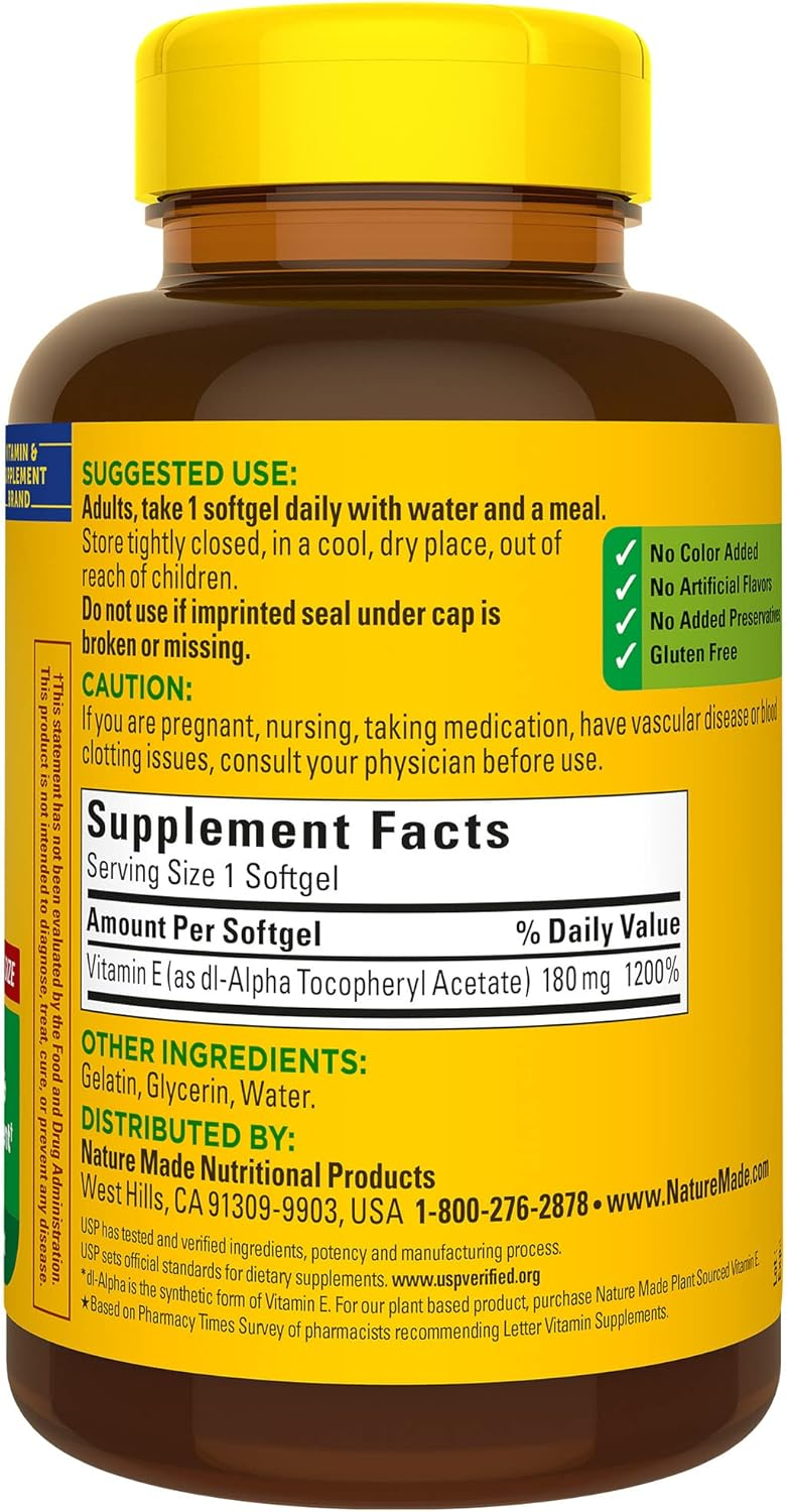 Nature Made Vitamin E 180 mg (400 IU) dl-Alpha, Dietary Supplement for Antioxidant Support, 100 Softgels, 100 Day Supply