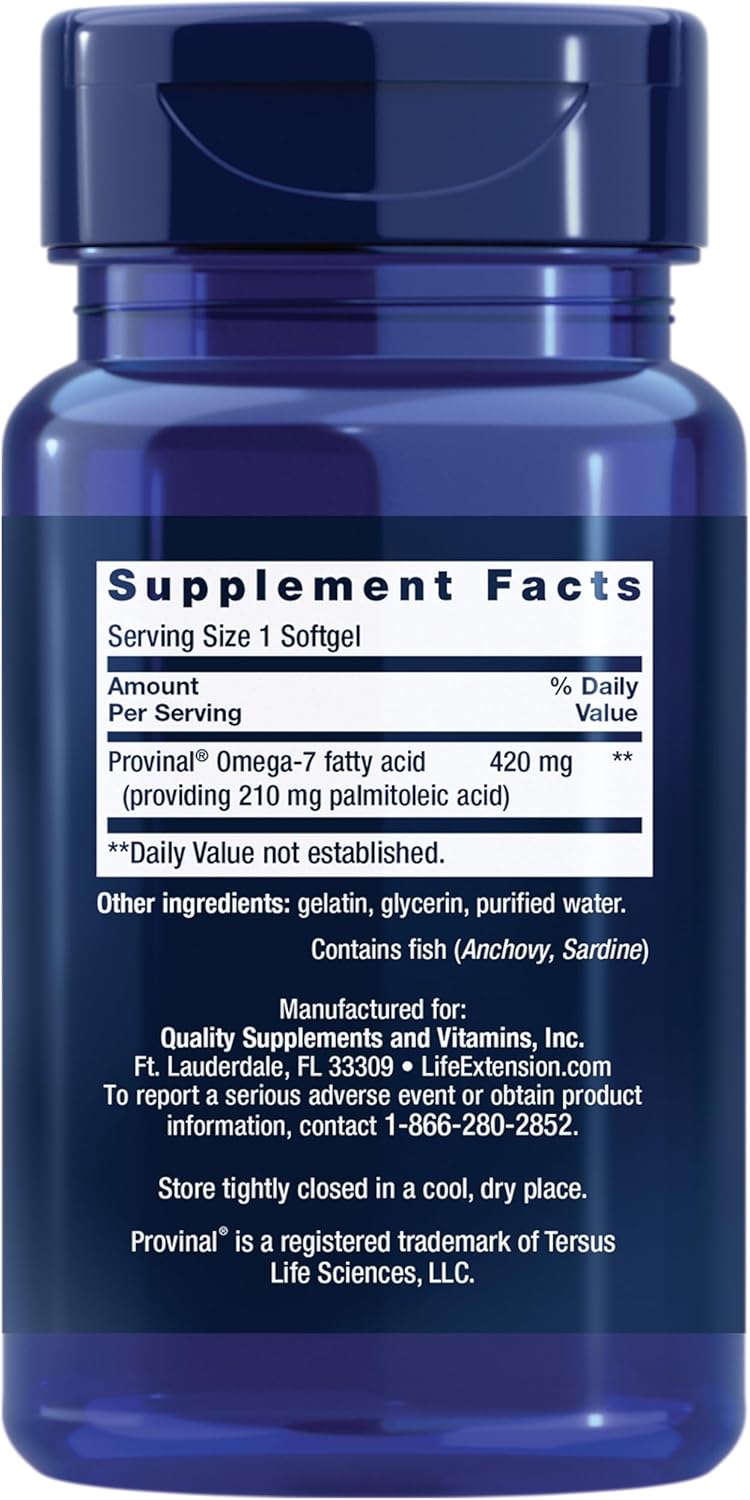 Life Extension Provinal Purified Omega-7 - Daily Essential Omega 7 Fatty Acids Supplement, Palmitoleic Acid Fish Oil For Heart Health & Inflammation Management - Gluten-Free, Non-GMO - 30 Softgels Month Supply