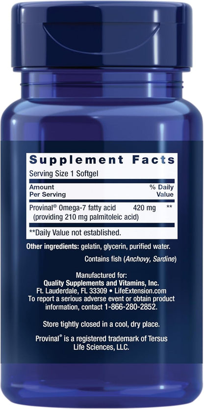 Life Extension Provinal Purified Omega-7 - Daily Essential Omega 7 Fatty Acids Supplement, Palmitoleic Acid Fish Oil For Heart Health & Inflammation Management - Gluten-Free, Non-GMO - 30 Softgels Month Supply