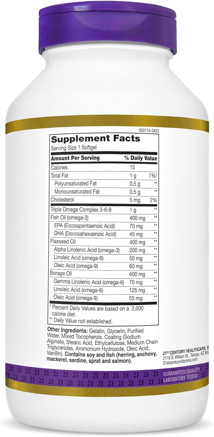 21st Century Triple Omega Complex 3 6 9 Enteric Coated Softgels, 180 Count Bottle (22875)