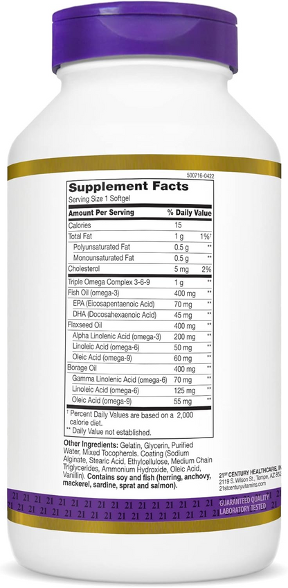 21st Century Triple Omega Complex 3 6 9 Enteric Coated Softgels, 180 Count Bottle (22875)