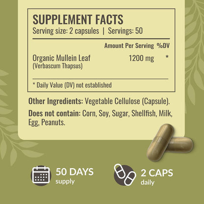 Mullein Leaf Capsules - Lung Cleanse - Respiratory Health - Organic Mullein Leaf Extract for Lung Detox - 1200mg 100 Vegan Caps