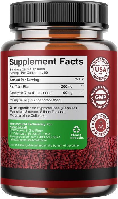Red Yeast Rice with CoQ10 Supplement - Extra Strength Citrinin-Free Red Yeast Rice 1200 mg. Capsules with CoQ10 100mg - Naturally Occurring Monacolin K Heart Health Supplement - 120 Veggie Capsules