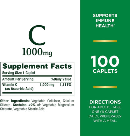 Nature's Bounty Vitamin C + Rose Hips, Immune Support, 1000mg, Coated Caplets, 100 Ct