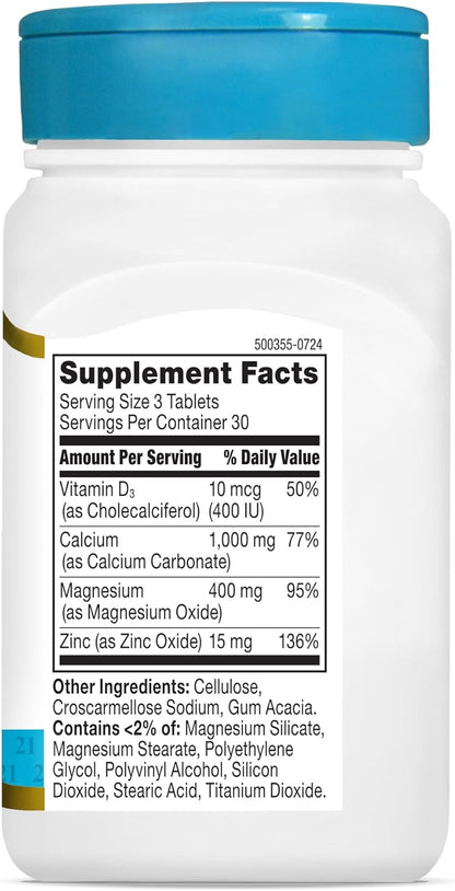 21st Century, Calcium Magnesium Zinc + D3, 90 Tablets