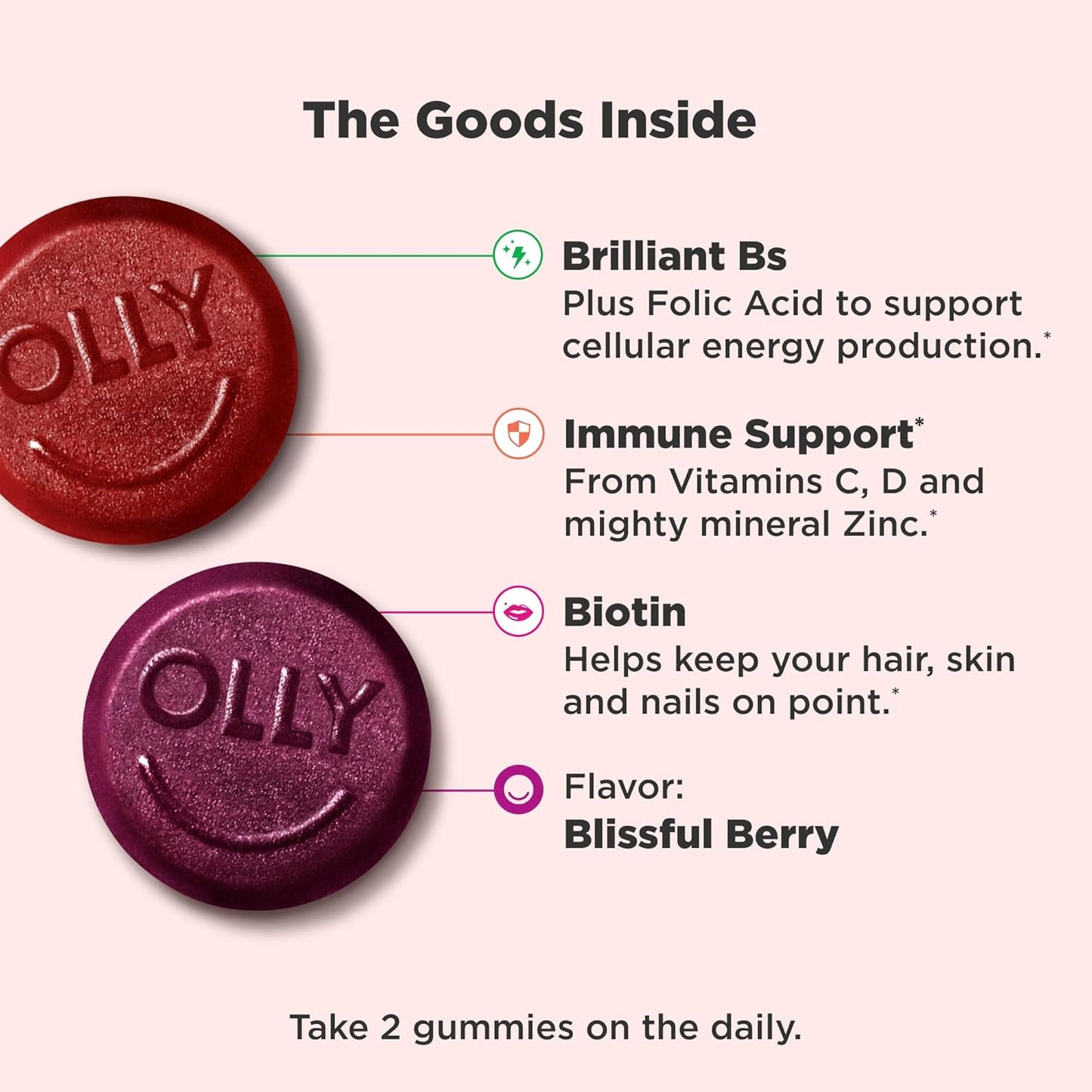 OLLY Women's Multivitamin Gummy, Overall Health and Immune Support, Vitamins A, D, C, E, Biotin, Folic Acid, Adult Chewable Vitamin, Berry, 90ct