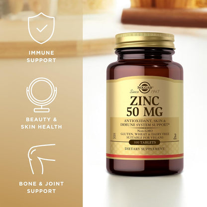 SOLGAR, Zinc for Healthy Skin, Taste & Vision - Immune System & Antioxidant Support - Supports Cell Growth & DNA Formation - Non GMO, Vegan, Gluten Free - 100 Servings