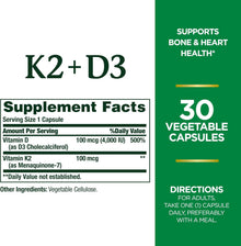 Nature's Bounty Vitamin D3 (4000 IU) + K2 (100 mcg), 30 Vegetarian Capsules Nature's Bounty