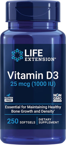 Life Extension Vitamin D3 25 mcg (1000 IU), Immune System Support, Bone Health, Whole-Body Health, Value Size, Gluten-Free, Non-GMO, 250 softgels Life Extension