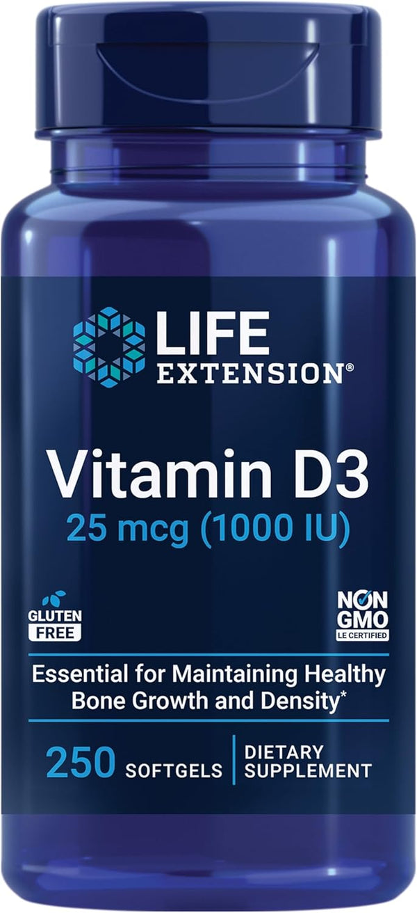 Life Extension Vitamin D3 25 mcg (1000 IU), Immune System Support, Bone Health, Whole-Body Health, Value Size, Gluten-Free, Non-GMO, 250 softgels Life Extension