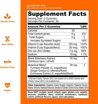 Goli Immune Gummy Vitamin - 60 Count - Elderberry, Vitamin C, D & Zinc, Vegan, Non-GMO, Gluten-Free & Gelatin-Free