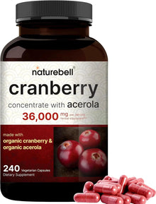 NatureBell Cranberry Pills 36,000mg with Acerola, 240 Veggie Capsules | 100:1 Fresh Cranberries Extract – Made with Organic Ingredients – Supports Urinary Tract Health – Sugar Free Nature Bell