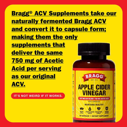 Bragg Apple Cider Vinegar Capsules - 750mg of Acetic Acid – Immune & Weight Management Support - 90 capsules